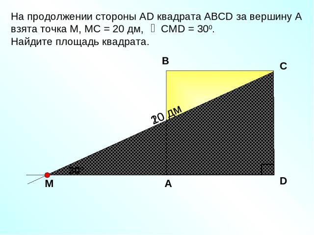 На продолжении стороны АD квадрата АBCD за вершину А взята точка М, МС = 20 дм, СМD = 300. Найдите площадь квадрата. В D С 300 А 20 дм 10 дм