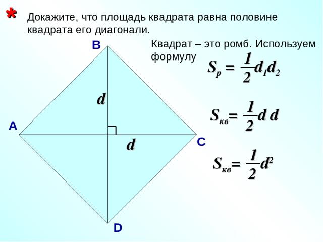 Докажите, что площадь квадрата равна половине квадрата его диагонали. * А В С D Квадрат – это ромб. Используем формулу d d
