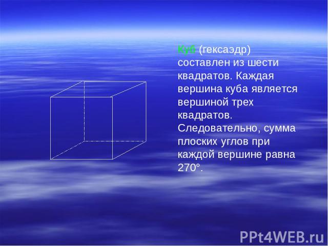 Куб (гексаэдр) составлен из шести квадратов. Каждая вершина куба является вершиной трех квадратов. Следовательно, сумма плоских углов при каждой вершине равна 270°.