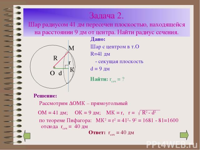 Задача 2. Шар радиусом 41 дм пересечен плоскостью, находящейся на расстоянии 9 дм от центра. Найти радиус сечения. Дано: Шар с центром в т.О R=41 дм α - секущая плоскость d = 9 дм Найти: rсеч = ? Решение: Рассмотрим ∆ОМК – прямоугольный ОМ = 41 дм; …