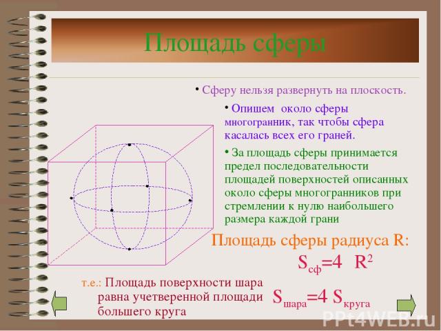 Площадь сферы Площадь сферы радиуса R: Sсф=4πR2 Сферу нельзя развернуть на плоскость. Опишем около сферы многогранник, так чтобы сфера касалась всех его граней. За площадь сферы принимается предел последовательности площадей поверхностей описанных о…