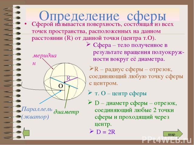 Определение сферы Сферой называется поверхность, состоящая из всех точек пространства, расположенных на данном расстоянии (R) от данной точки (центра т.О). Сфера – тело полученное в результате вращения полуокруж-ности вокруг её диаметра. т. О – цент…