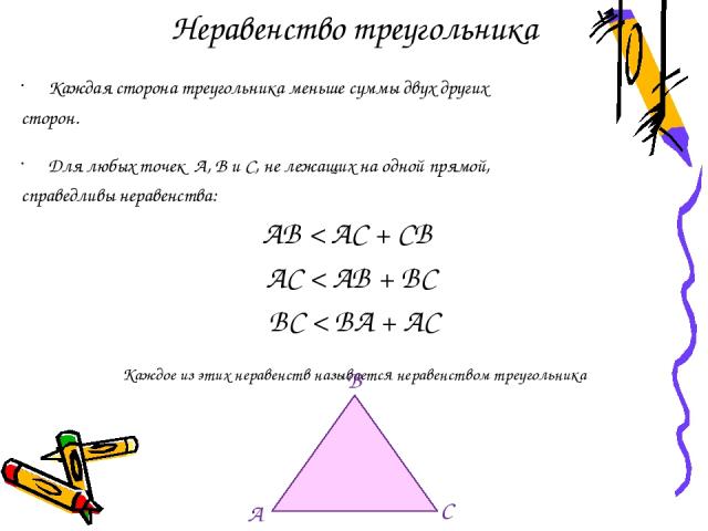 Неравенство треугольника Каждая сторона треугольника меньше суммы двух других сторон. Для любых точек А, В и С, не лежащих на одной прямой, справедливы неравенства: АВ < АС + СВ АС < АВ + ВС ВС < ВА + АС Каждое из этих неравенств называется неравенс…