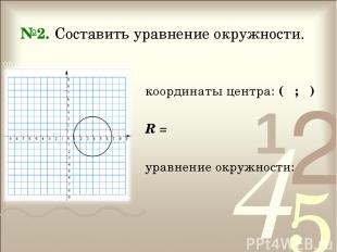 №2. Составить уравнение окружности. координаты центра: ( ; ) R = уравнение окруж
