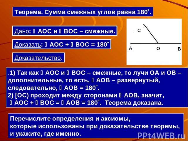 Теорема. Сумма смежных углов равна 180 . .1) Так как AOC и BOC – смежные, то лучи ОА и ОВ – дополнительные, то есть, AOB – развернутый, следовательно, AOB = 180 . 2) [OC) проходит между сторонами AOB, значит, AOC + BOC = AOB = 180 . Теорема доказана…