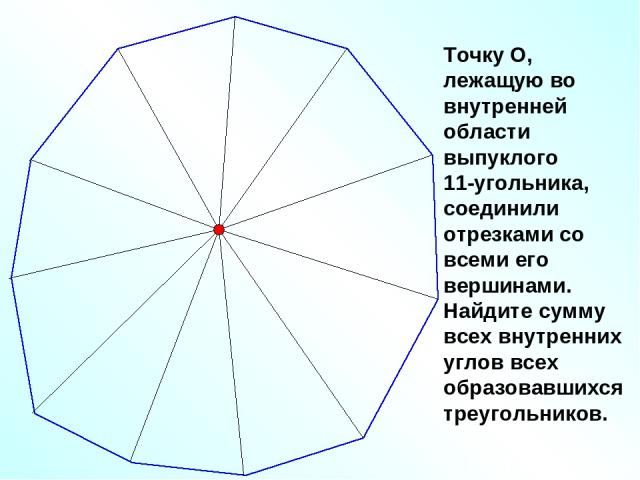 Точку О, лежащую во внутренней области выпуклого 11-угольника, соединили отрезками со всеми его вершинами. Найдите сумму всех внутренних углов всех образовавшихся треугольников.