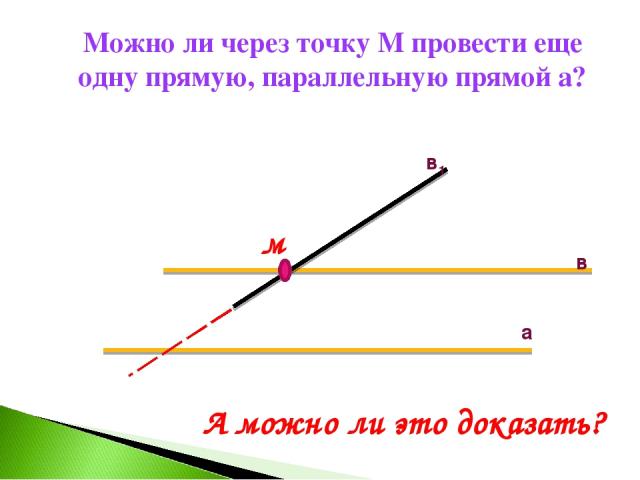 Можно ли через точку М провести еще одну прямую, параллельную прямой а? в а в1 м А можно ли это доказать?