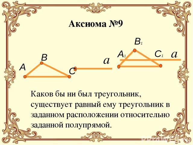 Каков бы ни был треугольник, существует равный ему треугольник в заданном расположении относительно заданной полупрямой. Аксиома №9 а