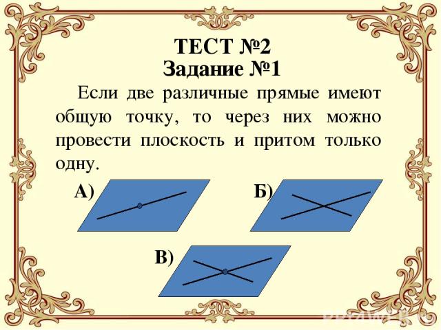 Если две различные прямые имеют общую точку, то через них можно провести плоскость и притом только одну. Задание №1 ТЕСТ №2 А) В) Б)
