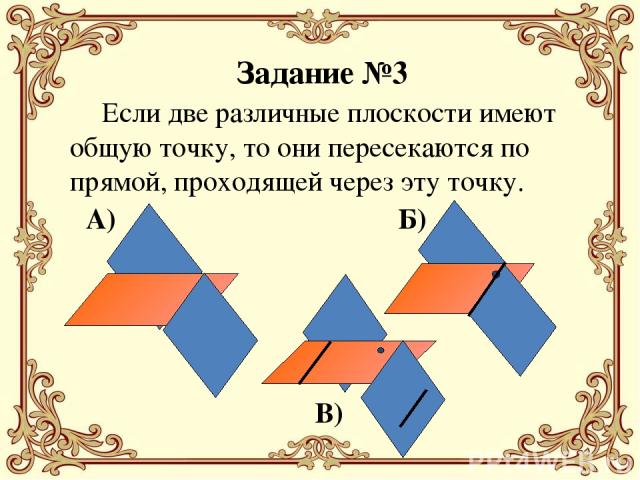 Если две различные плоскости имеют общую точку, то они пересекаются по прямой, проходящей через эту точку. Задание №3 В) А) Б)