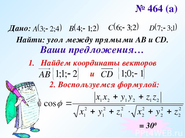№ 464 (а) Дано: Найти: угол между прямыми АВ и CD. Ваши предложения… Найдем координаты векторов и 2. Воспользуемся формулой: φ = 300