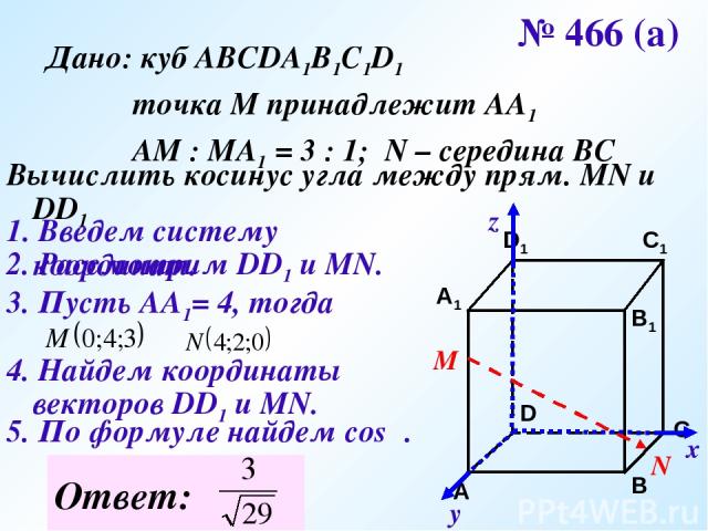Дано: куб АВСDA1B1C1D1 точка М принадлежит АА1 АМ : МА1 = 3 : 1; N – середина ВС № 466 (а) Вычислить косинус угла между прям. MN и DD1 1. Введем систему координат. х у z 2. Рассмотрим DD1 и МN. М N 3. Пусть АА1= 4, тогда 4. Найдем координаты векторо…