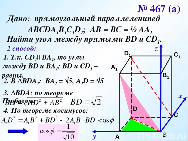х у z № 467 (а) Дано: прямоугольный параллелепипед АВСDA1B1C1D1; АВ = ВС = ½ АА1 Найти угол между прямыми ВD и CD1. 2 способ: 1. Т.к. СD1|| ВА1, то углы между ВD и ВА1; ВD и СD1 – равны. 2. В ΔВDА1: ВА1 = √5, А1D = √5 3. ΔВDА: по теореме Пифагора 4.…