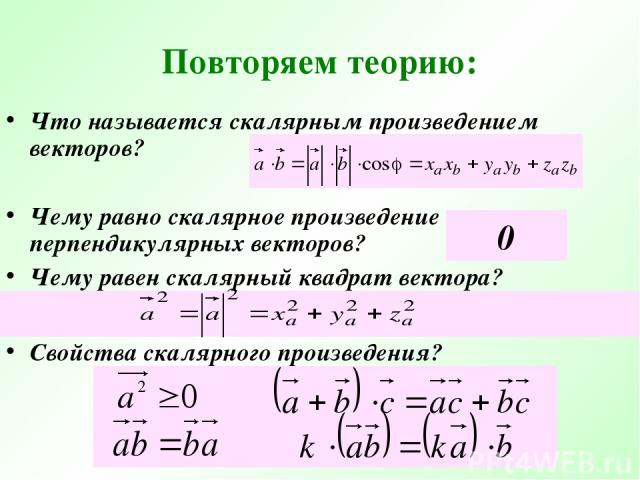 Повторяем теорию: Что называется скалярным произведением векторов? Чему равно скалярное произведение перпендикулярных векторов? Чему равен скалярный квадрат вектора? Свойства скалярного произведения? 0