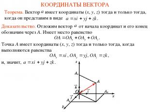 КООРДИНАТЫ ВЕКТОРА Теорема. Вектор имеет координаты (x, y, z) тогда и только тог