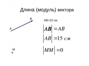 Длина (модуль) вектора А В АВ=15 см М