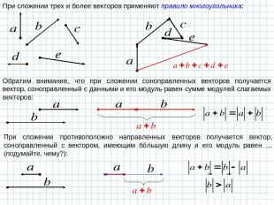 При сложении трех и более векторов применяют правило многоугольника: Обратим вни
