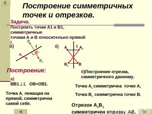 l а) A1 l б) В1 Задача. Построить точки А1 и B1, симметричные точкам А и В относ