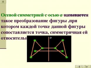 Осевой симметрией с осью a называется такое преобразование фигуры ,при котором к