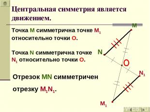 M N N1 M1 Точка М симметрична точке М1 относительно точки О. Точка N симметрична