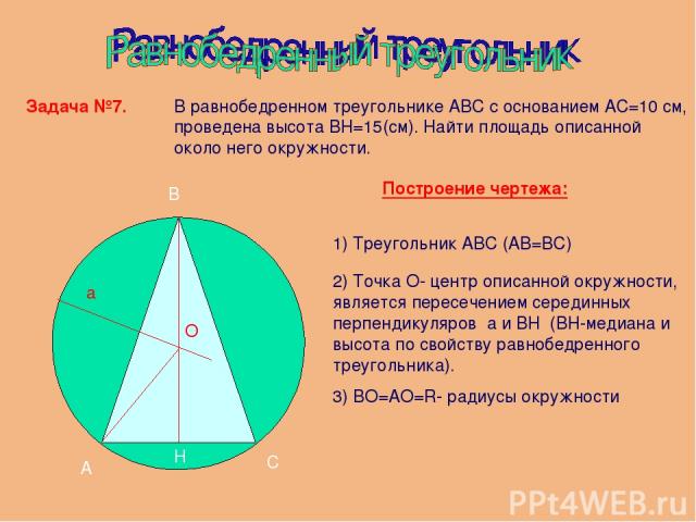Задача №7. В равнобедренном треугольнике ABC c основанием АС=10 см, проведена высота BH=15(см). Найти площадь описанной около него окружности. О А С В Построение чертежа: 1) Треугольник АВС (АВ=ВС) 2) Точка О- центр описанной окружности, является пе…
