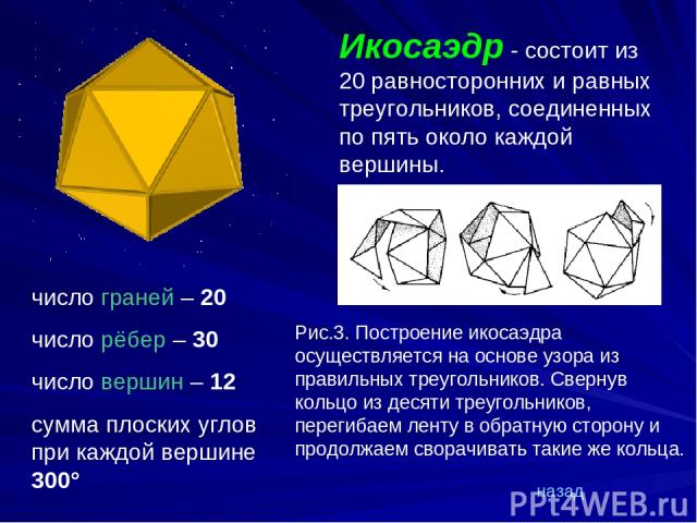 Икосаэдр - Икосаэдр - состоит из 20 равносторонних и равных треугольников, соединенных по пять около каждой вершины. число граней – 20 число рёбер – 30 число вершин – 12 сумма плоских углов при каждой вершине 300° Рис.3. Построение икосаэдра осущест…