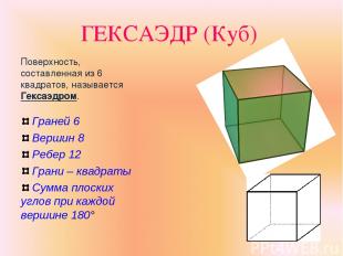 ГЕКСАЭДР (Куб) Поверхность, составленная из 6 квадратов, называется Гексаэдром.