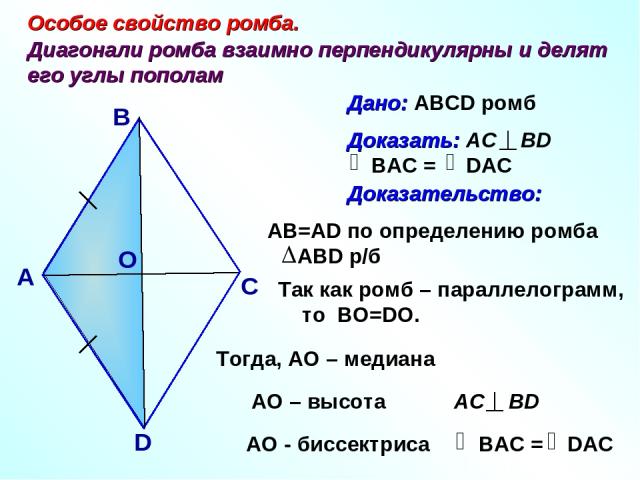 Особое свойство ромба. Диагонали ромба взаимно перпендикулярны и делят его углы пополам Дано: ABCD ромб А В С D Тогда, АО – медиана Так как ромб – параллелограмм, то ВО=DО. АО – высота АО - биссектриса