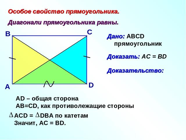 Особое свойство прямоугольника. Диагонали прямоугольника равны. А В С D Дано: ABCD прямоугольник АD – общая сторона АВ=СD, как противолежащие стороны