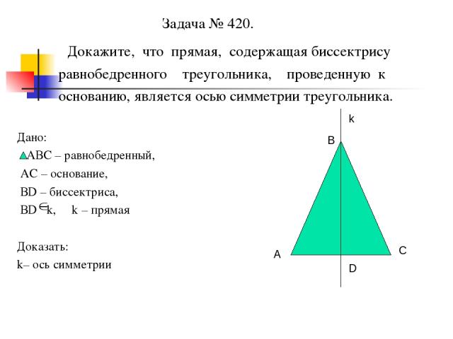 Задача № 420. Докажите, что прямая, содержащая биссектрису равнобедренного треугольника, проведенную к основанию, является осью симметрии треугольника. Дано: АВС – равнобедренный, АС – основание, ВD – биссектриса, ВD k, k – прямая Доказать: k– ось с…
