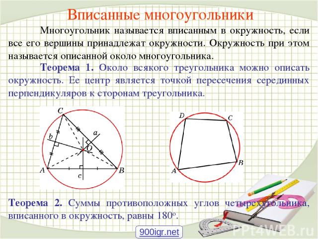 Вписанные многоугольники Многоугольник называется вписанным в окружность, если все его вершины принадлежат окружности. Окружность при этом называется описанной около многоугольника. Теорема 1. Около всякого треугольника можно описать окружность. Ее …