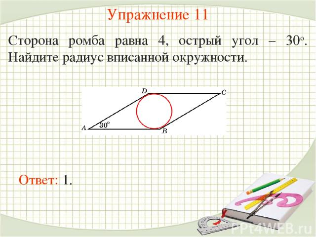 Упражнение 11 Сторона ромба равна 4, острый угол – 30о. Найдите радиус вписанной окружности.  Ответ: 1.