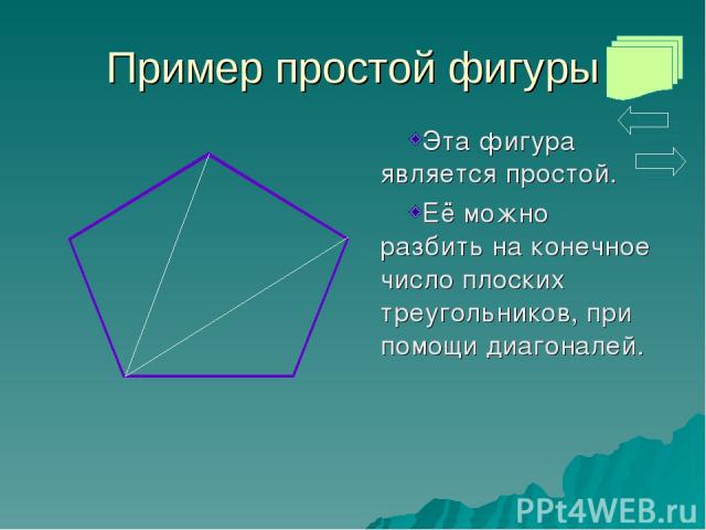 Пример простой фигуры Эта фигура является простой. Её можно разбить на конечное число плоских треугольников, при помощи диагоналей.
