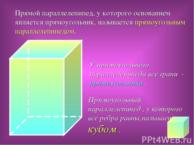 Прямой параллелепипед, у которого основанием является прямоугольник, называется прямоугольным параллелепипедом. У прямоугольного параллелепипеда все грани - прямоугольники . Прямоугольный параллелепипед , у которого все ребра равны,называется кубом .