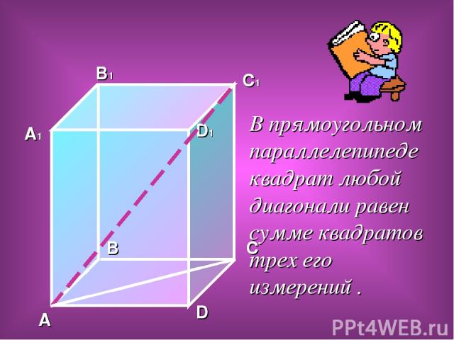 A B C D A1 B1 C1 D1 В прямоугольном параллелепипеде квадрат любой диагонали равен сумме квадратов трех его измерений .