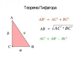 Теорема Пифагора АВ2 = АС2 + ВС2 ┐ АВ = АС2 = АВ2 – ВС2