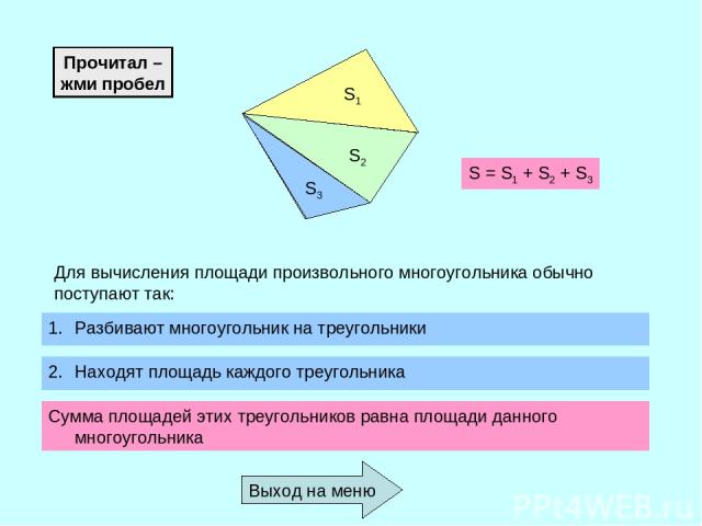 S1 S2 S3 Для вычисления площади произвольного многоугольника обычно поступают так: Разбивают многоугольник на треугольники Находят площадь каждого треугольника Сумма площадей этих треугольников равна площади данного многоугольника S = S1 + S2 + S3 В…