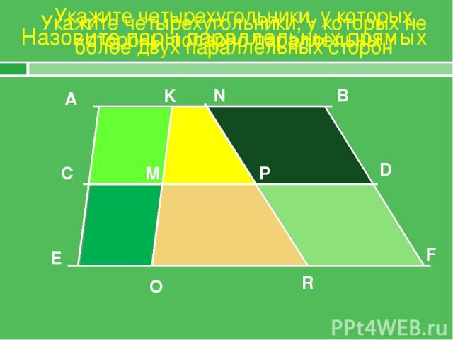 Назовите пары параллельных прямых А B C D E F K M O R P N Укажите четырехугольники, у которых не более двух параллельных сторон Укажите четырехугольники, у которых стороны попарно параллельны