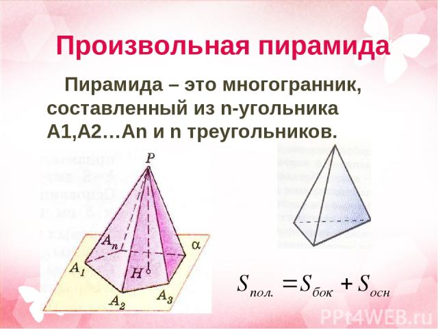 Произвольная пирамида Пирамида – это многогранник, составленный из n-угольника A1,A2…An и n треугольников.