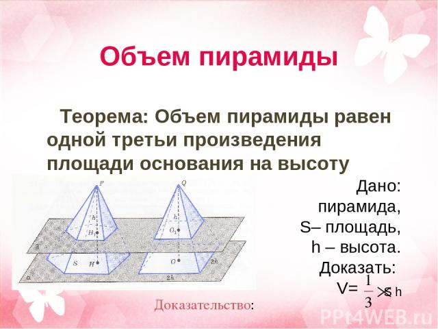 Объем пирамиды Теорема: Объем пирамиды равен одной третьи произведения площади основания на высоту Дано: пирамида, S– площадь, h – высота. Доказать: V= S h Доказательство: