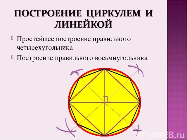 Простейшее построение правильного четырехугольника Построение правильного восьмиугольника