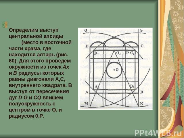Определим выступ центральной апсиды (место в восточной части храма, где находится алтарь (рис. 60). Для этого проведем окружности из точек Ах и В радиусы которых равны диагонали А,С, внутреннего квадрата. В выступ от пересечения дуг D G и CQ впишем …