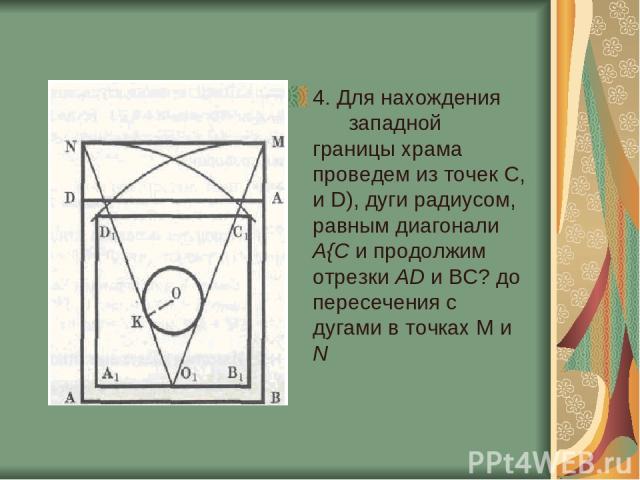 4. Для нахождения западной границы храма проведем из точек С, и D), дуги радиусом, равным диагонали А{С и продолжим отрезки AD и ВС? до пересечения с дугами в точках М и N