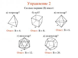 Упражнение 2 Сколько вершин (В) имеет: Ответ: В = 8. Ответ: В = 6. Ответ: В = 12