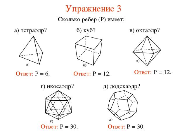 Упражнение 3 Сколько ребер (Р) имеет: Ответ: Р = 12. Ответ: Р = 12. Ответ: Р = 30. Ответ: Р = 30. Ответ: Р = 6.