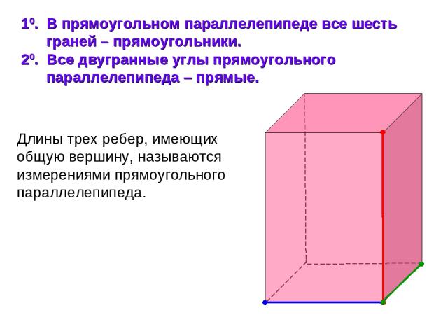10. В прямоугольном параллелепипеде все шесть граней – прямоугольники. 20. Все двугранные углы прямоугольного параллелепипеда – прямые. Длины трех ребер, имеющих общую вершину, называются измерениями прямоугольного параллелепипеда.