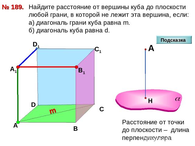 Найдите расстояние от вершины куба до плоскости любой грани, в которой не лежит эта вершина, если: а) диагональ грани куба равна m. б) диагональ куба равна d. № 189. D А В С D1 С1 m Подсказка В1 А1
