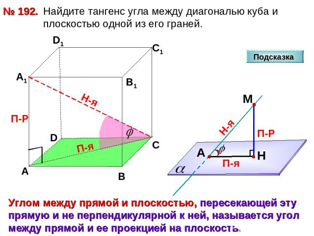 Найдите тангенс угла между диагональю куба и плоскостью одной из его граней. № 192. D А В С А1 D1 С1 В1 Подсказка П-Р Н-я