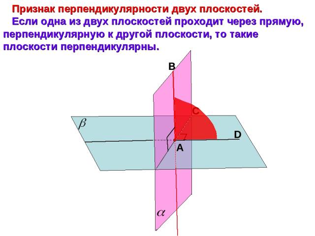 Признак перпендикулярности двух плоскостей. Если одна из двух плоскостей проходит через прямую, перпендикулярную к другой плоскости, то такие плоскости перпендикулярны. А С
