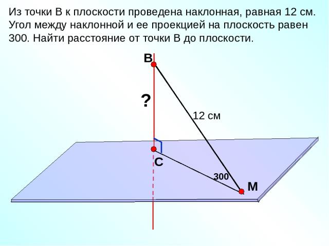 В С M Из точки В к плоскости проведена наклонная, равная 12 см. Угол между наклонной и ее проекцией на плоскость равен 300. Найти расстояние от точки В до плоскости. 12 см 300 ? Повторение.